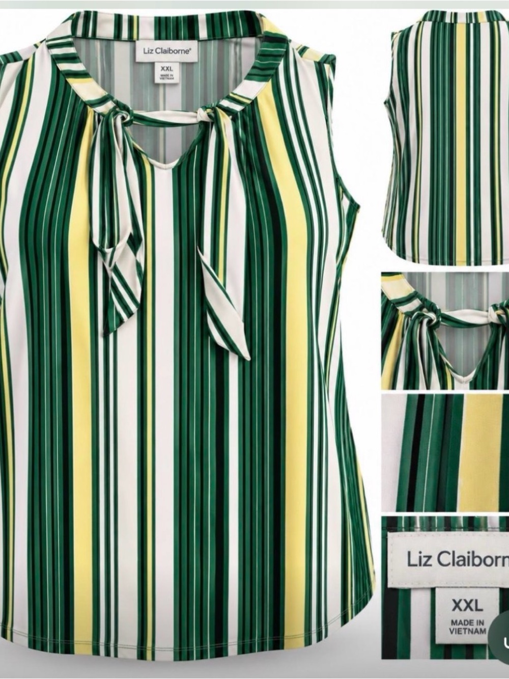 Liz Claiborne Green, Yellow & White Striped Tie-Neck Sleeveless Top